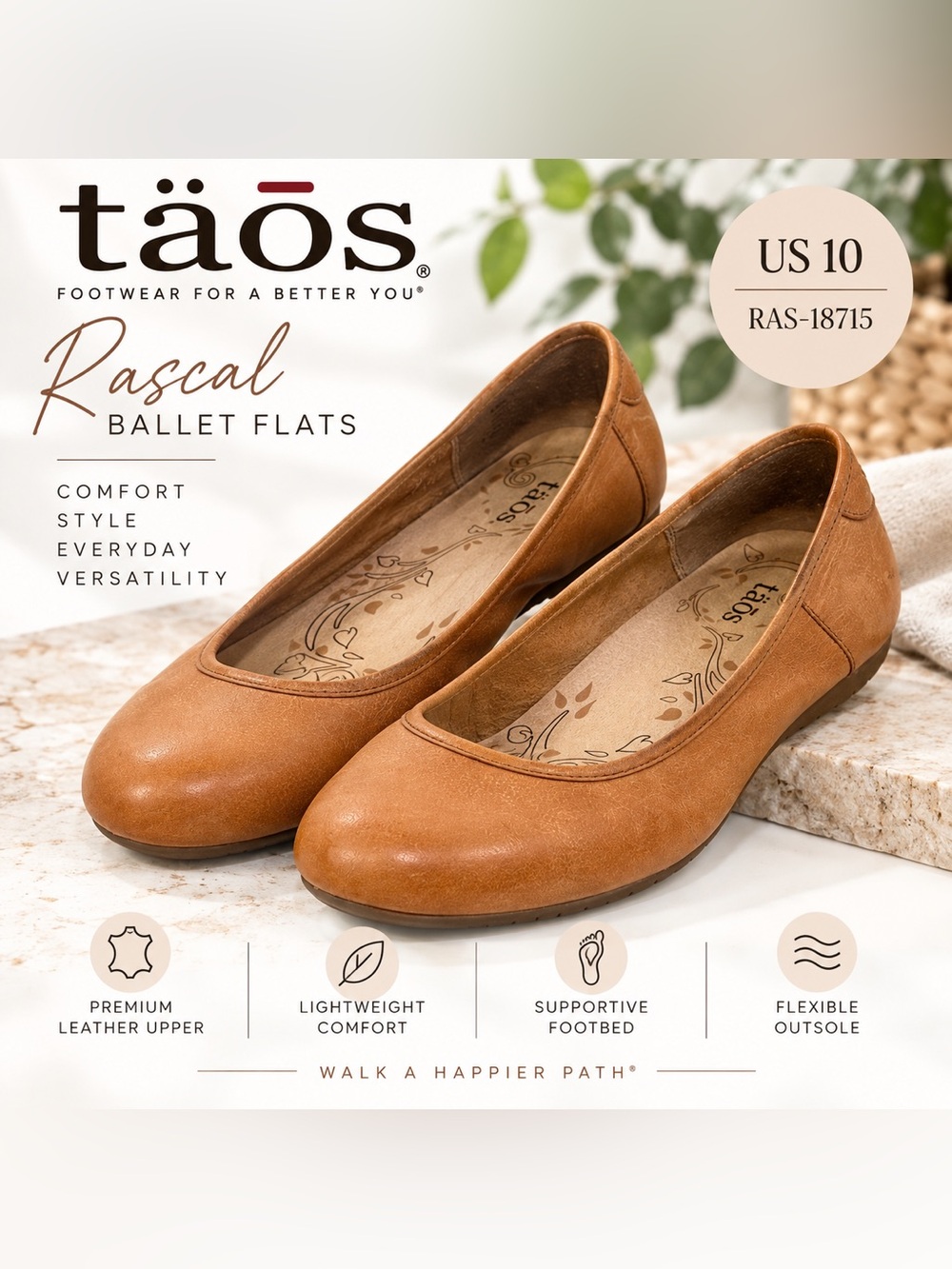 Taos Rascal Women’s US 10 Tan Brown Leather Ballet Flats Comfort Shoes